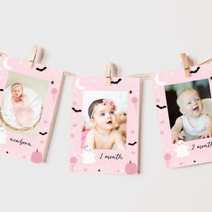 Spooky One Girl 1e eerste verjaardag roze maandelijkse fotobanner, schattige Ghost Halloween Spooktacular Party 12 maanden teken, bewerkbare canvassjabloon