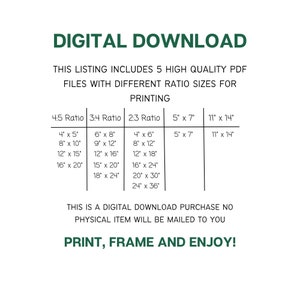 Puede incluir: Una lista de descarga digital para arte imprimible que ofrece cinco relaciones de aspecto diferentes: 4:5, 3:4, 2:3, 5x7 y 11x14. La lista incluye varios tama&ntilde;os para cada relaci&oacute;n, como 4x5 pulgadas, 8x10 pulgadas, 12x15 pulgadas, 16x20 pulgadas, y m&aacute;s.