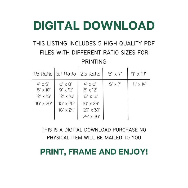 Puede incluir: Una lista de descarga digital para arte imprimible que ofrece cinco relaciones de aspecto diferentes: 4:5, 3:4, 2:3, 5x7 y 11x14. La lista incluye varios tama&ntilde;os para cada relaci&oacute;n, como 4x5 pulgadas, 8x10 pulgadas, 12x15 pulgadas, 16x20 pulgadas, y m&aacute;s.