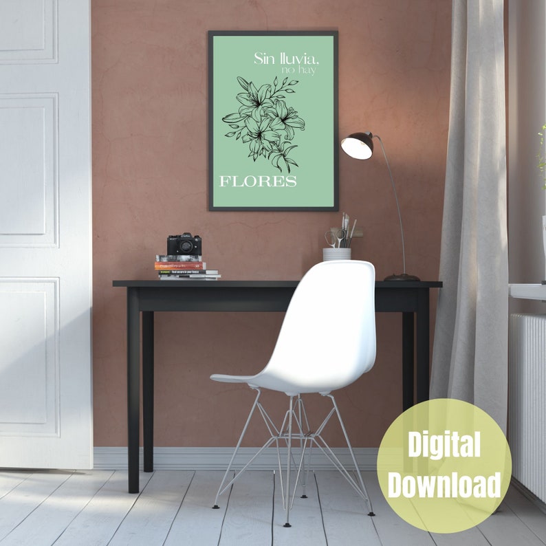 Puede incluir: Una descarga digital de un p&oacute;ster imprimible con fondo verde y arte de l&iacute;nea negra de flores. El texto en el p&oacute;ster dice "Sin lluvia, no hay flores".