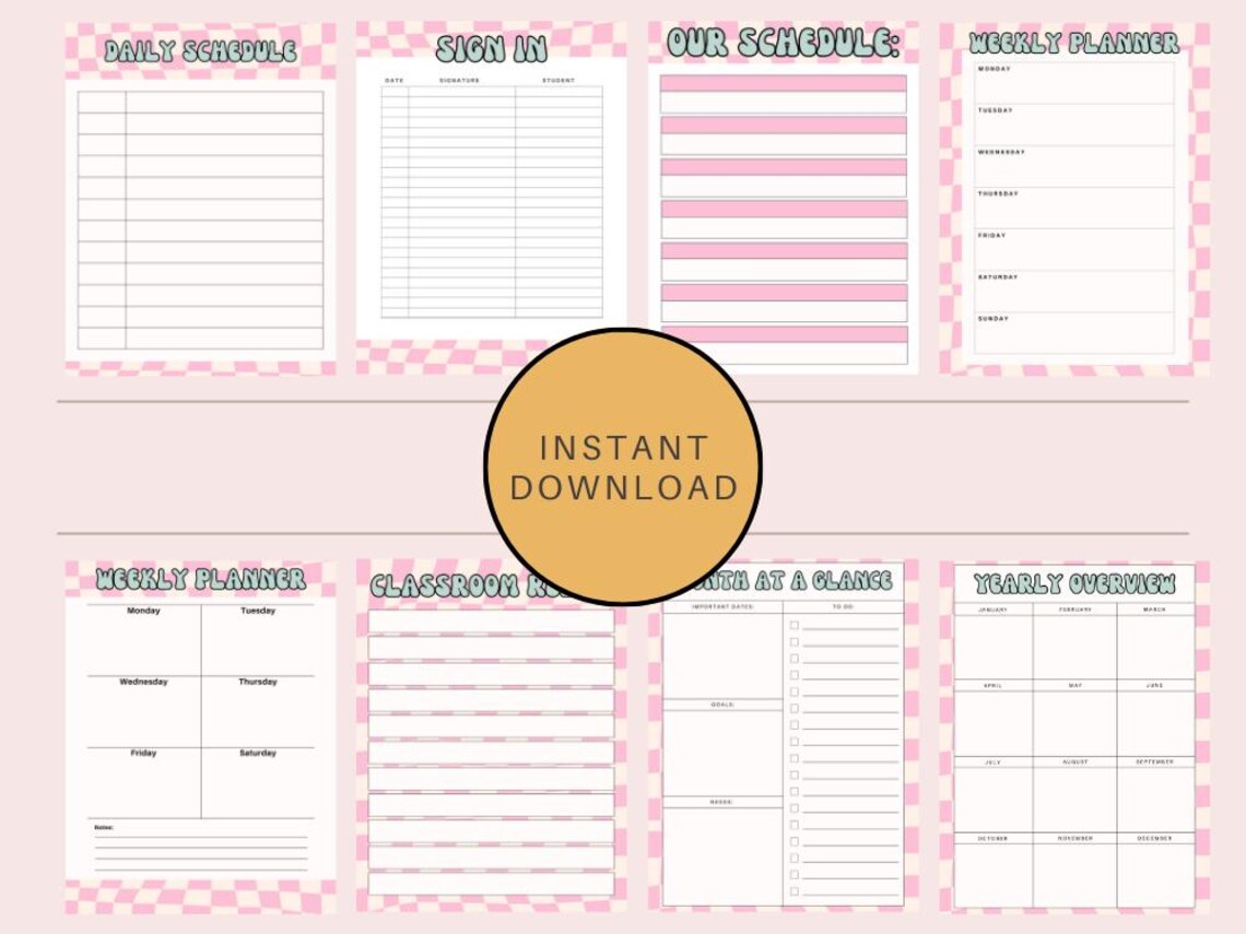 Pink Checkered Teacher Planner | Editable, Printable (PDF + Canva) - Etsy