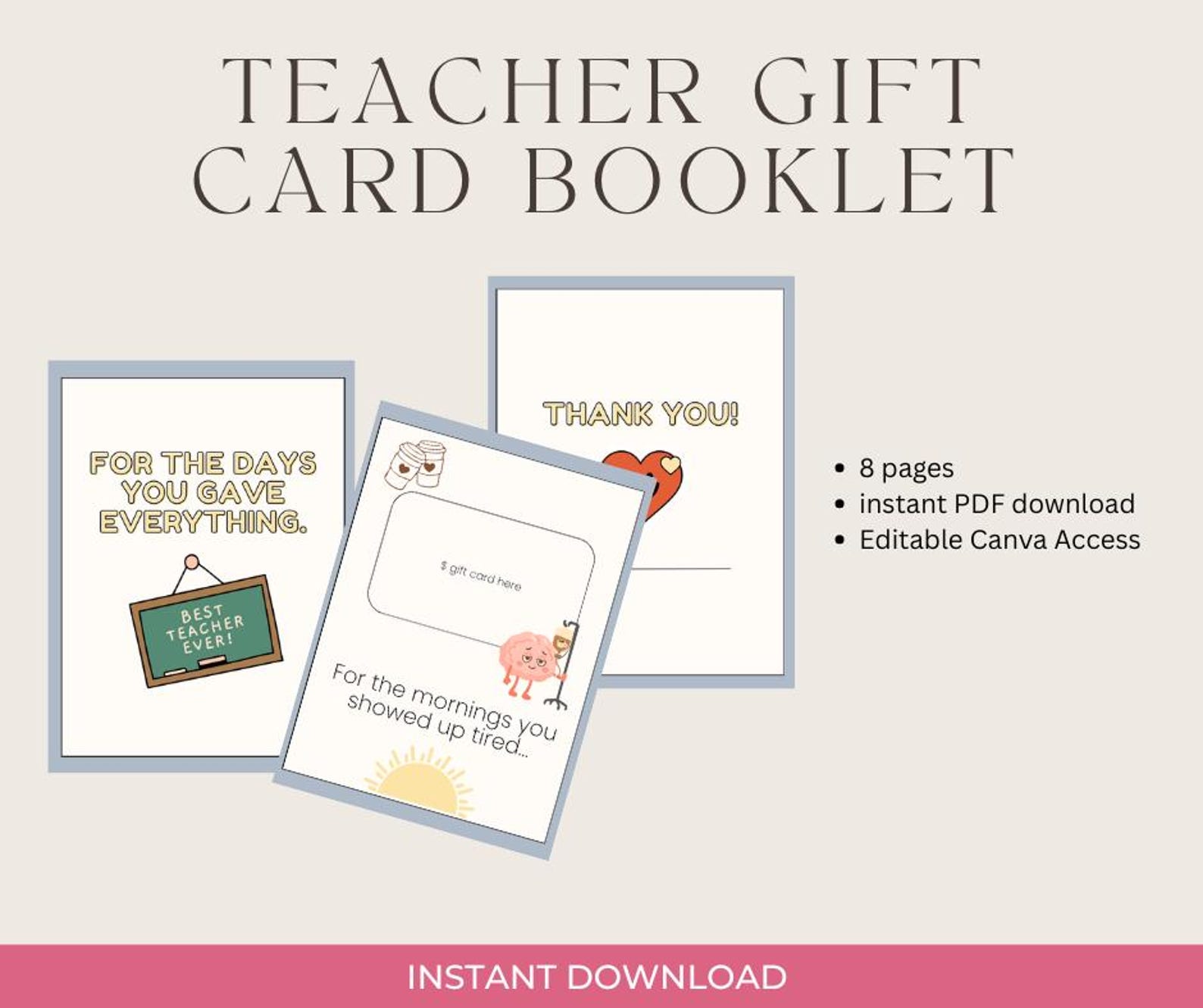 Teacher Gift Card Book Printable | End of Year Teacher Gift Booklet ...