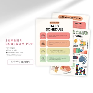 Può includere: Un PDF stampabile intitolato "Summer Boredom PDF" con un programma giornaliero e attività di apprendimento. Il programma include attività di sveglia, mattutine e pomeridiane. Le attività di apprendimento includono la lettura, l'artigianato e la creazione di un'attività commerciale.