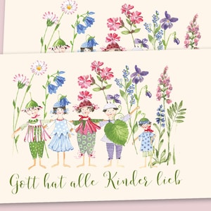 Könnte beinhalten: Zwei Grußkarten mit Illustrationen von Kindern, die als Blumen verkleidet sind und sich an den Händen halten. Die Karten zeigen eine Vielzahl bunter Blumen und den Text "Gott hat alle Kinder lieb" in einer verspielten Schriftart. Der Hintergrund ist cremefarben.