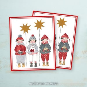 Könnte beinhalten: Zwei Weihnachtskarten mit Illustrationen von Kindern in Winterkleidung, die Tiere und Sterne halten. Die Karten haben einen weißen Hintergrund mit rotem Rand. Die Kinder tragen Hüte, Mäntel und Hosen. Der Text "acufactum UTE MENZE" steht unten.