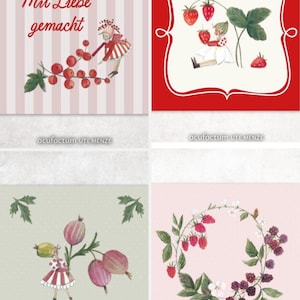 Könnte beinhalten: Vier quadratische Illustrationen mit Aquarelldesigns von Beeren und Früchten. Eine zeigt den Text "Mit Liebe gemacht". Weitere Illustrationen zeigen eine Erdbeerszene, Stachelbeeren und einen Beerenkranz. Der Name des Künstlers steht unten auf jedem Bild.