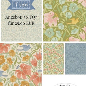 May include: A collection of Tilda fabric pieces featuring floral and bird patterns in shades of green, pink, blue, and yellow. The text reads Frühlingskollektion Songbird von Tilda, Angebot: 5 x FQ* für 29,90 EUR, Quilts & Co. Kreatives Nähen und Patchwork, *Fatquarter 50x55cm.