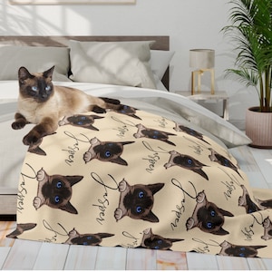 Manta personalizada para gato siamês, presente para mãe de gato siamês, manta personalizada com o nome do gato, presente para mãe de gato, presente de Dia das Mães para quem tem gato, presente de aniversário para dono de gato