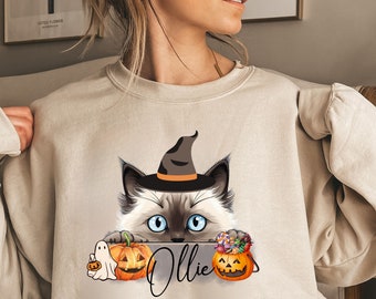 Personalized Ragdoll Halloween Sweatshirt,Custom Cat Name Halloween Sweater,Cat Lover Halloween Shirt,Ragdoll Cat Halloween Tee Gift For Her