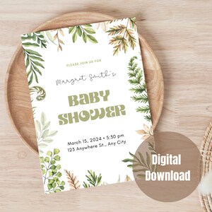 Plantilla de tarjeta de baby shower con temática vegetal / vegetación, plantas, inspirada en la naturaleza, baby shower, personalizable, digital, plantilla