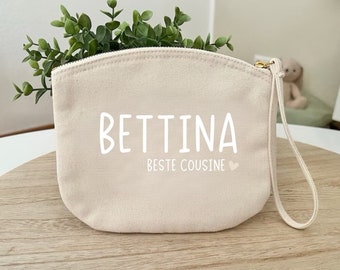 Personalisierte Tasche Kultur/Kosmetiktasche Name für Cousine, Tante, Schwägerin aus Baumwolle Geschenkidee mit Herz Glücklichschenken