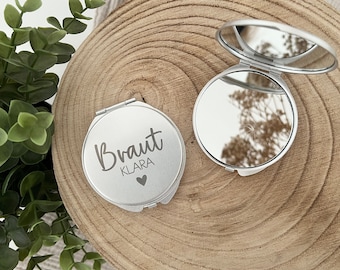 Brautgeschenk Taschenspiegel personalisiert gravierter Kosmetikspiegel mit Namen Hochzeit JGA Brautparty