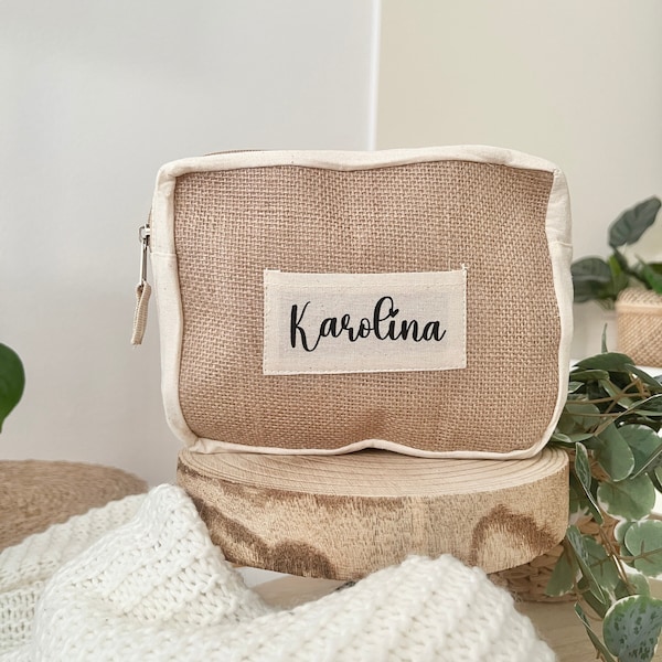 personalisierter Kulturbeutel Namen Reisen Kosmetik Namen Geschenk Frauen Mädchen Aufbewahrung Jute geschenkidee Tante Mama Schwester