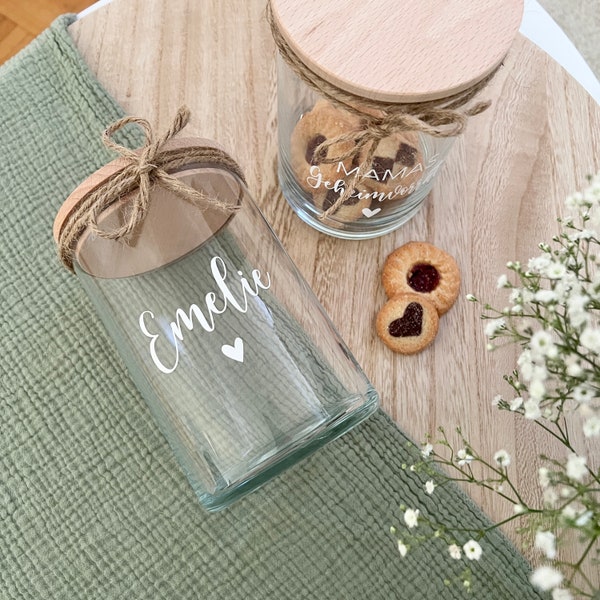 personalisierte Glasdose / Vorratsglas mit Namen Herz Geheimvorrat Geschenkidee individuell Keksdose Glas Mama Kinder mit Holzdeckel