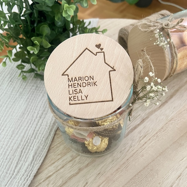 Einweihungsgeschenk Glasdose Einzug/Umzug personalisiert Vorratsglas Hausbau Holzdeckel Haus mit Herz Namen Geschenk