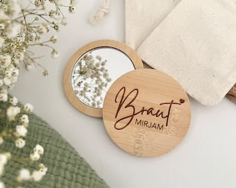 Brautgeschenk personalisiert Taschenspiegel aus Bambus mit Tasche  zur Hochzeit graviertes Geschenk für die Braut JGA Geschenk Brautparty