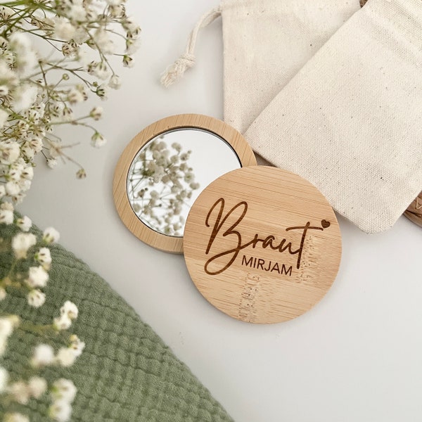 Brautgeschenk personalisiert Taschenspiegel aus Bambus mit Tasche  zur Hochzeit graviertes Geschenk für die Braut JGA Geschenk Brautparty