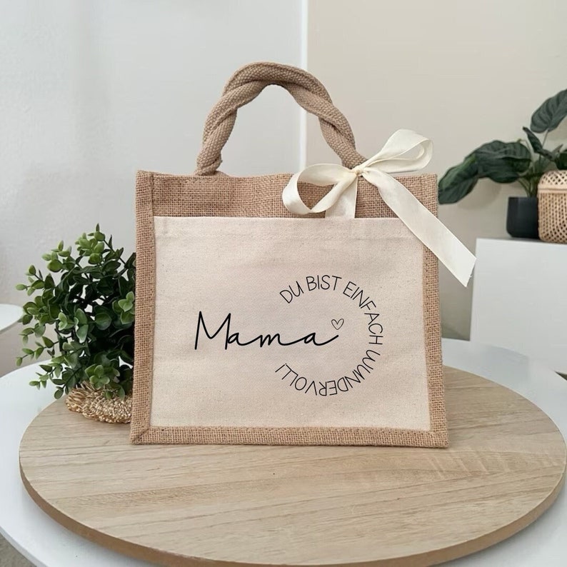 Jute bag mom personalized gift for Mother's Day tote bag for grandma with heart and saying gift bag image 1