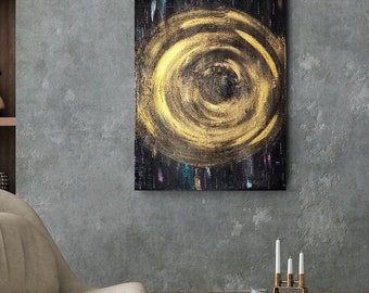 Peinture acrylique abstraite SYMPHONY COSMIQUE, peinture cercle d'or sur toile