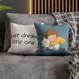 Funda de almohada acogedora para niños, diseño de niño y gato, decoración infantil, regalo para baby shower, accesorios para habitación infantil, adorable decoración del hogar.