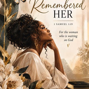 May include: A faith-based coloring book cover titled AND THE LORD Remembered HER 1 SAMUEL 1:19 For the woman who is waiting on God. The illustration features a person with dark skin and curly hair, wearing a white top, gold earrings, and a butterfly.