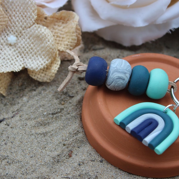 blue beads and arch polymer clay keychain