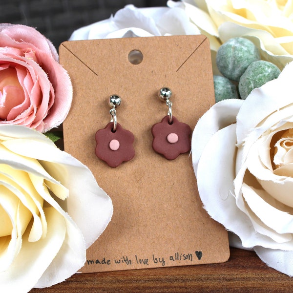 pink flower hanging polymer clay earrings