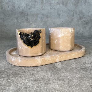 以下が含まれることがあります： 幾何学的な形をした、薄いベージュ色の小さなコンクリート製のプランターが2つ。1つのプランターには、側面に黒いクリスタルが埋め込まれています。プランターは、同じ薄いベージュ色のコンクリート製のトレイの上に置かれています。