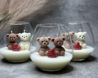 Pair of Two Teddy Bear and Heart  Candle Shape, Eco Wax Baby Shower Gift, Cute Birthday Present Baptism/Bachelorette Party,Unique and Luxury