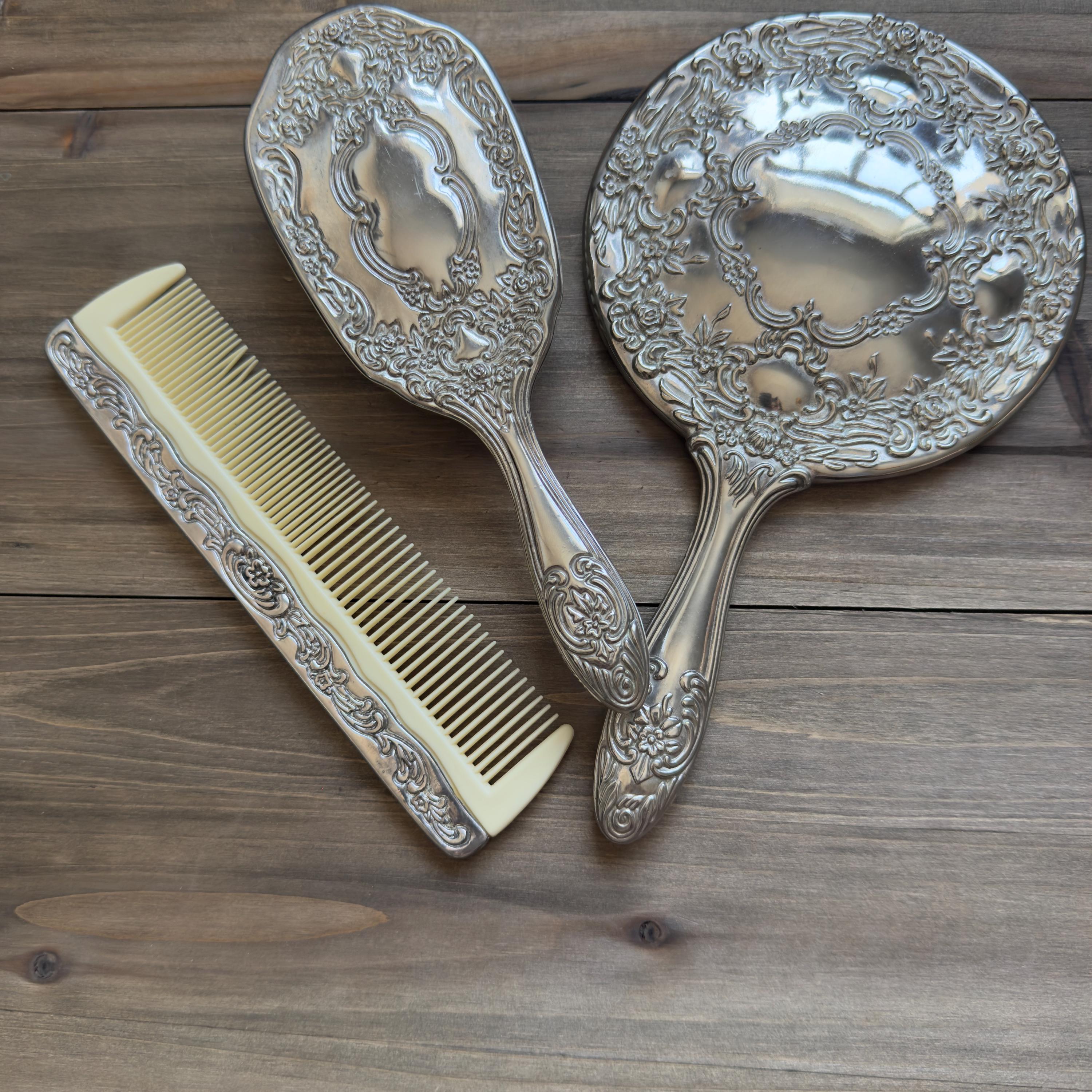 Vintage Silver Plated and Cream Hair Styling Set Silver Brush Comb Set In Collectible Vanity Accessories | eBay main image 4