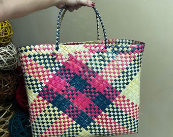 Handwoven Buri Palm Leaf Bayong Bag Multi-colored Straw Beach