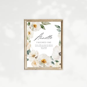 White Florals personalised name meaning print, origin meaning print, Biblical Meaning, Custom name print, printable, personalised name print