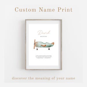 Custom Biblical Name Meaning Sign, Personalized Name Definition Print, Christian Wall Art, Watercolor Airplane Gift, Vintage Nursery Decor