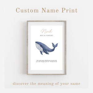 Custom Biblical Name Meaning Sign, Personalized Name Definition Print, Christian Wall Art, Vintage Whale Gift, Vintage Nursery Decor