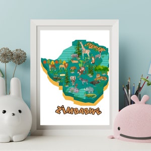 Tier Karte von Simbabwe, Safari Tier Karte von Simbabwe Poster,Safari Kinderzimmer Dekor,Tier Karte von Simbabwe Afrika für Kinder,Tier Karte drucken