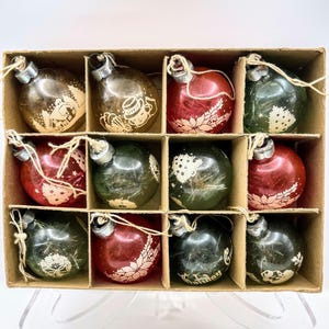 Vtg UNSILVERED WWII CHRISTMAS (12) Ornaments Tinsel Inside George Franke Original Box Made in U.S.