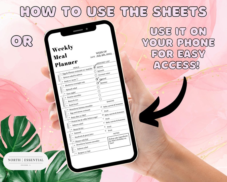 May include: A black and white printable weekly meal planner on a smartphone. The planner includes a grocery list, meal ideas, and a section for notes. The text on the screen reads "Weekly Meal Planner" and "Week of July 9th, 2023".