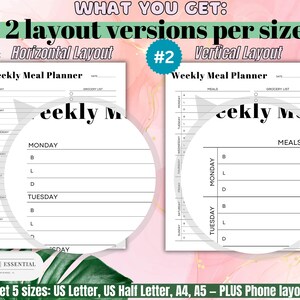 May include: Two printable weekly meal planner templates, one with a horizontal layout and one with a vertical layout. Both templates feature a simple black and white design with a space for meals, grocery lists, and a date.