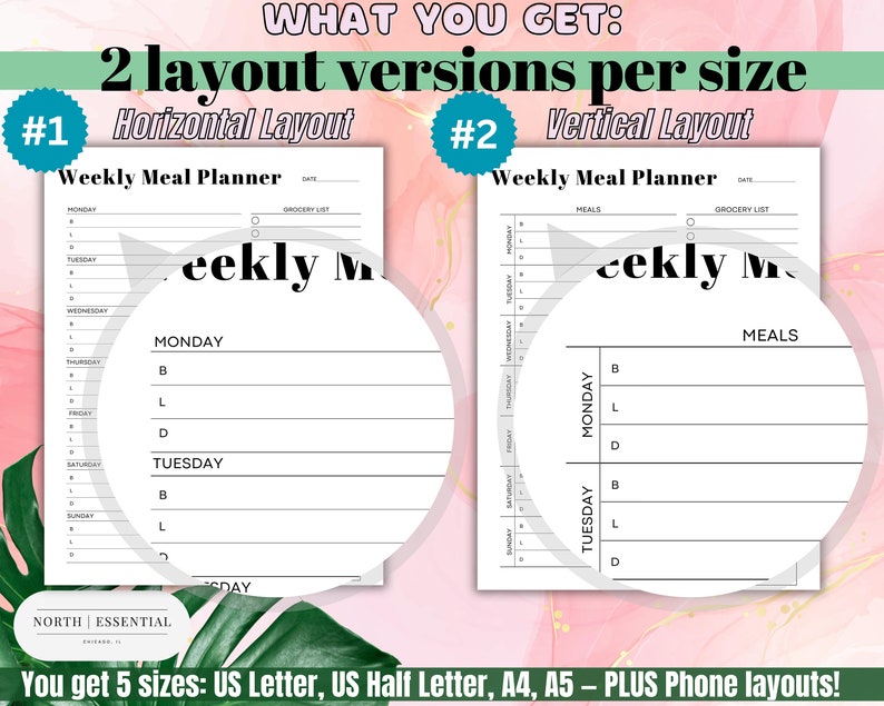 May include: Two printable weekly meal planner templates, one with a horizontal layout and one with a vertical layout. Both templates feature a simple black and white design with a space for meals, grocery lists, and a date.