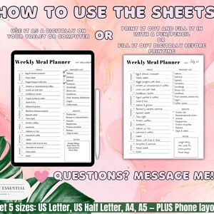 May include: A digital printable weekly meal planner with a grocery list and space for notes. The planner is designed to be used digitally on a tablet or computer or printed out and filled in with a pen or pencil. The planner is available in five sizes: US Letter, US Half Letter, A4, A5, and phone layouts.