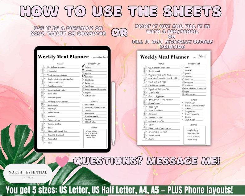 May include: A digital printable weekly meal planner with a grocery list and space for notes. The planner is designed to be used digitally on a tablet or computer or printed out and filled in with a pen or pencil. The planner is available in five sizes: US Letter, US Half Letter, A4, A5, and phone layouts.