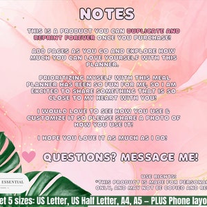 May include: Pink and white digital planner with the text "NOTES" in large black letters. The text "THIS IS A PRODUCT YOU CAN DUPLICATE AND REPRINT FOREVER ONCE YOU PURCHASE!" is also included. The text "You get 5 sizes: US Letter, US Half Letter, A4, A5 - PLUS Phone layouts!" is at the bottom of the image.