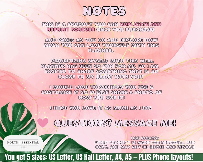May include: Pink and white digital planner with the text "NOTES" in large black letters. The text "THIS IS A PRODUCT YOU CAN DUPLICATE AND REPRINT FOREVER ONCE YOU PURCHASE!" is also included. The text "You get 5 sizes: US Letter, US Half Letter, A4, A5 - PLUS Phone layouts!" is at the bottom of the image.
