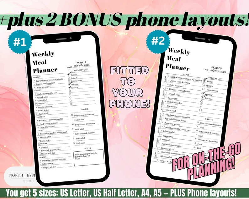 May include: Two phone screen mockups showing a weekly meal planner template. The template is black and white and includes a grocery list, meal planning sections, and a notes section. The text on the mockups reads "Weekly Meal Planner" and "Fitted to your phone!" The text on the second mockup reads "For on-the-go planning!"