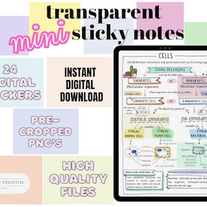 May include: A digital download of 24 transparent mini sticky notes featuring a colorful illustration of a cell diagram. The illustration includes labels for eukaryotes, prokaryotes, typical animal cell, typical plant cell, and typical bacterial cell. The text "INSTANT DIGITAL DOWNLOAD" and "PRE-CROPPED PNG'S" are also included in the image.