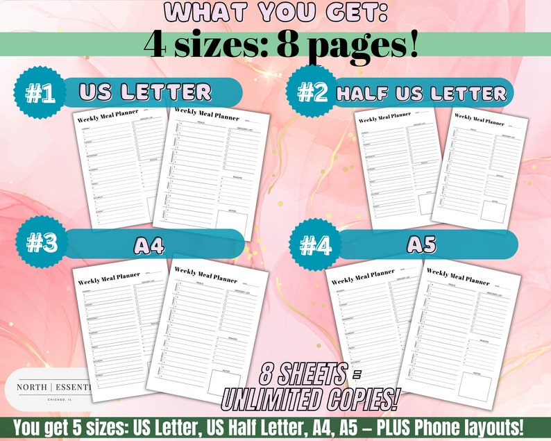 May include: A digital download of printable weekly meal planner templates in four sizes: US Letter, Half US Letter, A4, and A5. The image shows a pink background with the text "WHAT YOU GET: 4 sizes: 8 pages!" and the text "8 SHEETS = UNLIMITED COPIES!" The image also shows the four different sizes of the meal planner templates.