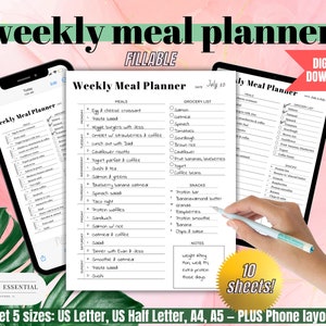 May include: A printable weekly meal planner with a grocery list and a section for snacks. The planner is filled with handwritten meal ideas and grocery items. The planner is labeled "Weekly Meal Planner" and the date is July 10. The planner is a digital download and includes 10 sheets.
