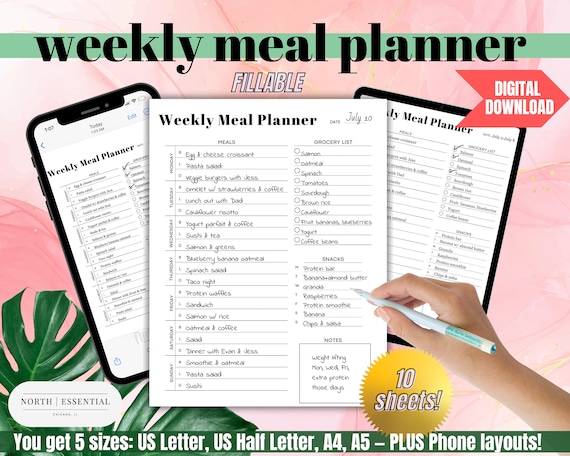 Weekly Meal Planner, Digital Meal Planner, Grocery List, Food Menu, Meal Plan Template,Printable Meal Planner,Meal Prep,Digital Grocery List