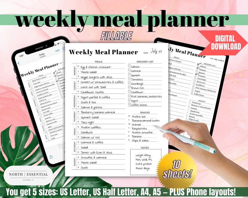 May include: A printable weekly meal planner with a grocery list and a section for snacks. The planner is filled with handwritten meal ideas and grocery items. The planner is labeled "Weekly Meal Planner" and the date is July 10. The planner is a digital download and includes 10 sheets.