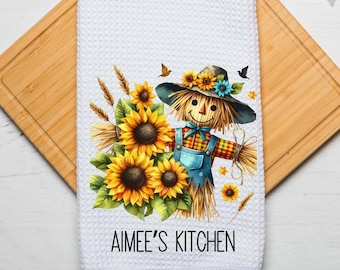 Personalized Scarecrow Sunflower Dish Tea Hand Kitchen Towel, Kitchen Decor Gift- Thanksgiving Fall Decor-Housewarming Hostess Gift